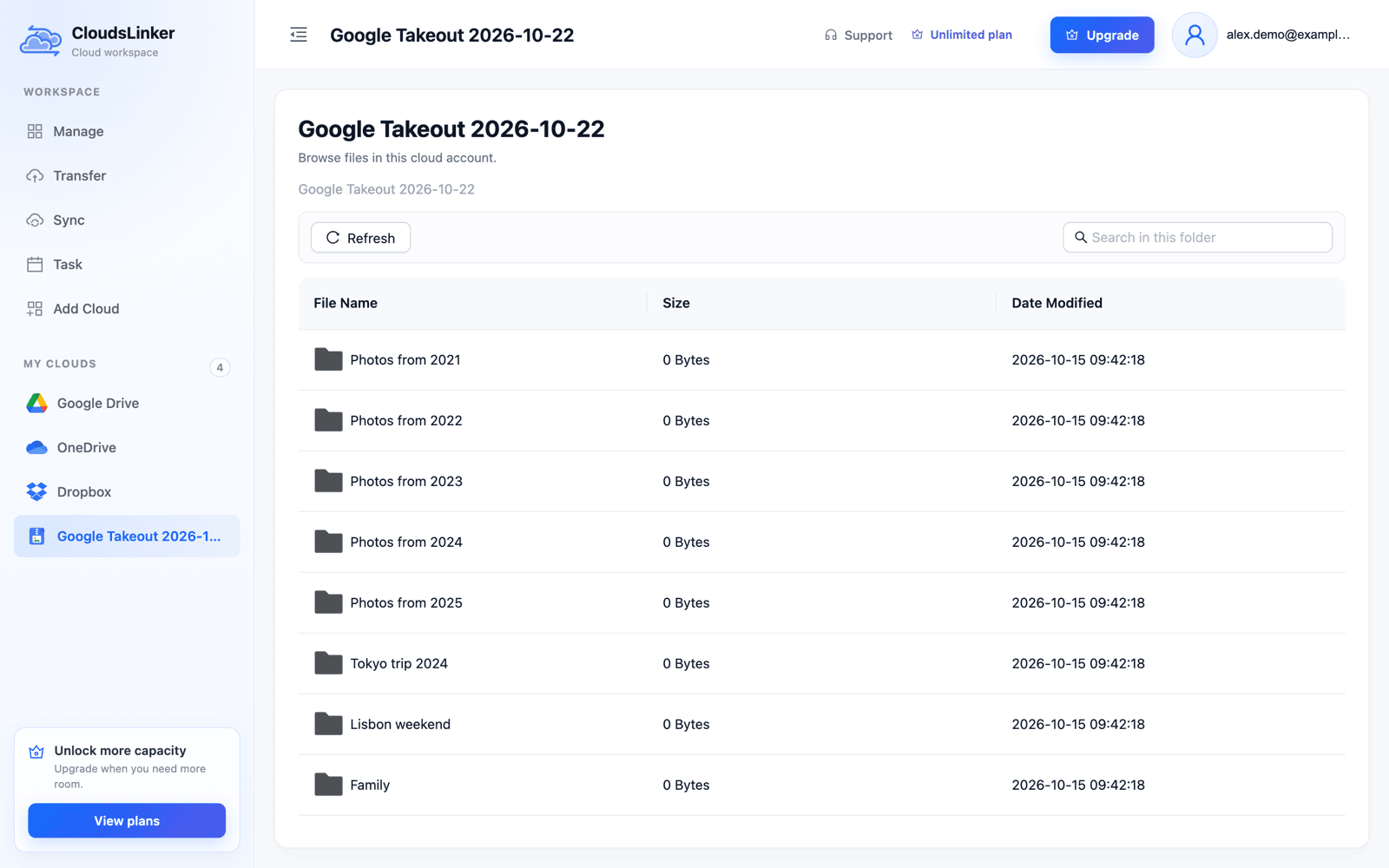 A Google Takeout opened in CloudsLinker, listing the folders Photos from 2021 to Photos from 2025, Tokyo trip 2024, Lisbon weekend and Family, with the Takeout shown in the sidebar under My clouds