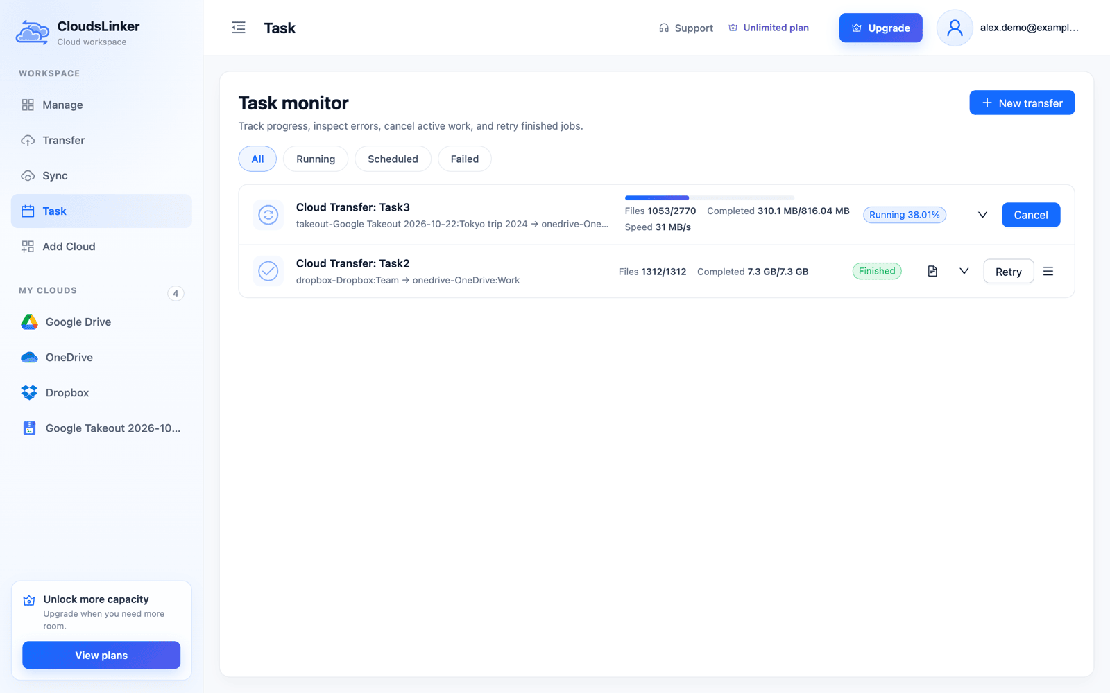 CloudsLinker Task monitor with a running copy from a Google Takeout album to OneDrive at 38 percent, showing files 1053 of 2770, 310 MB of 816 MB completed and a speed of 31 MB/s, above a finished Dropbox to OneDrive task