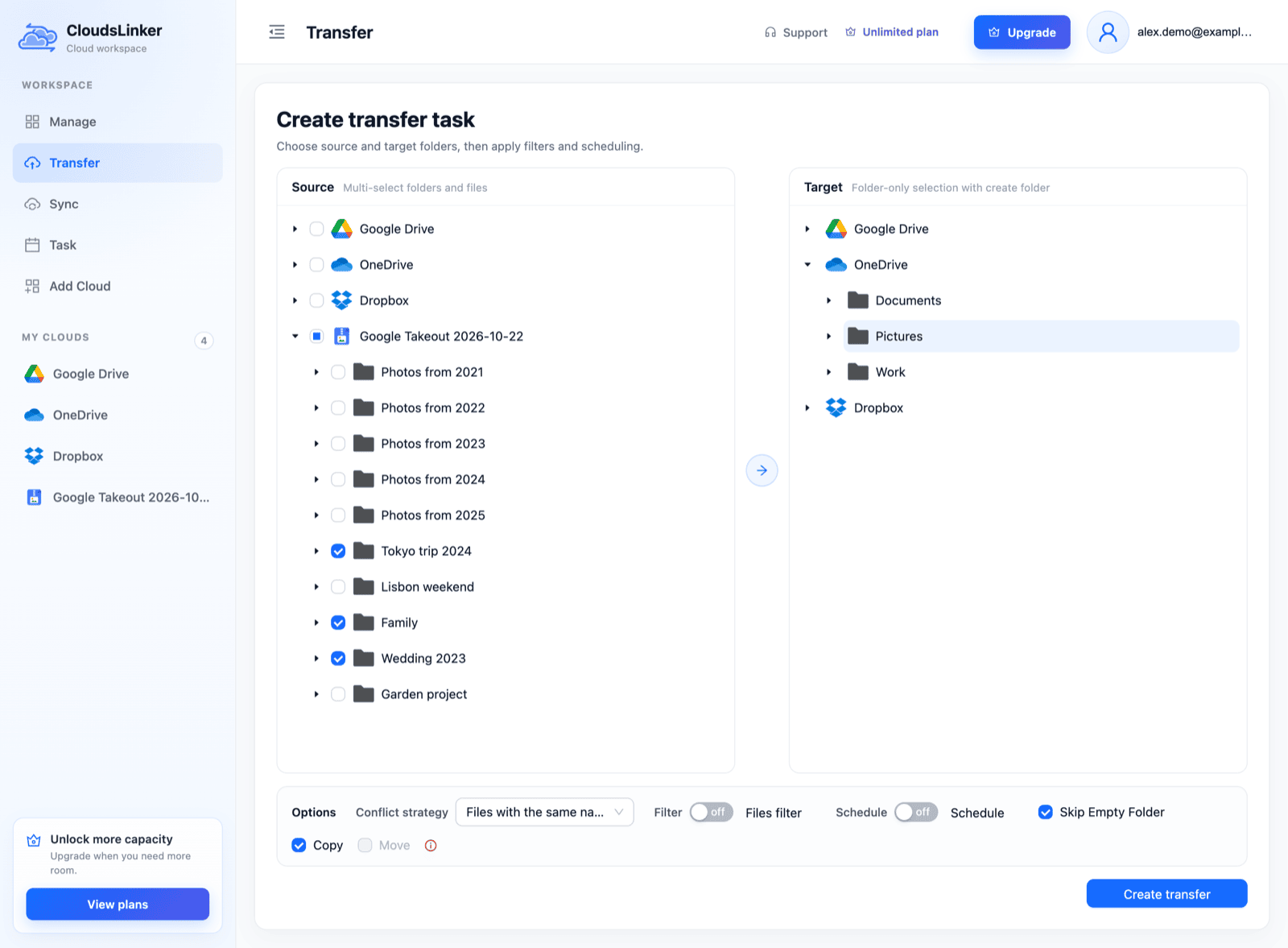 CloudsLinker Create transfer task page: the Google Takeout source expanded with the album folders Tokyo trip 2024, Family and Wedding 2023 ticked, the Pictures folder of a OneDrive account selected as the target, Copy checked and Move greyed out