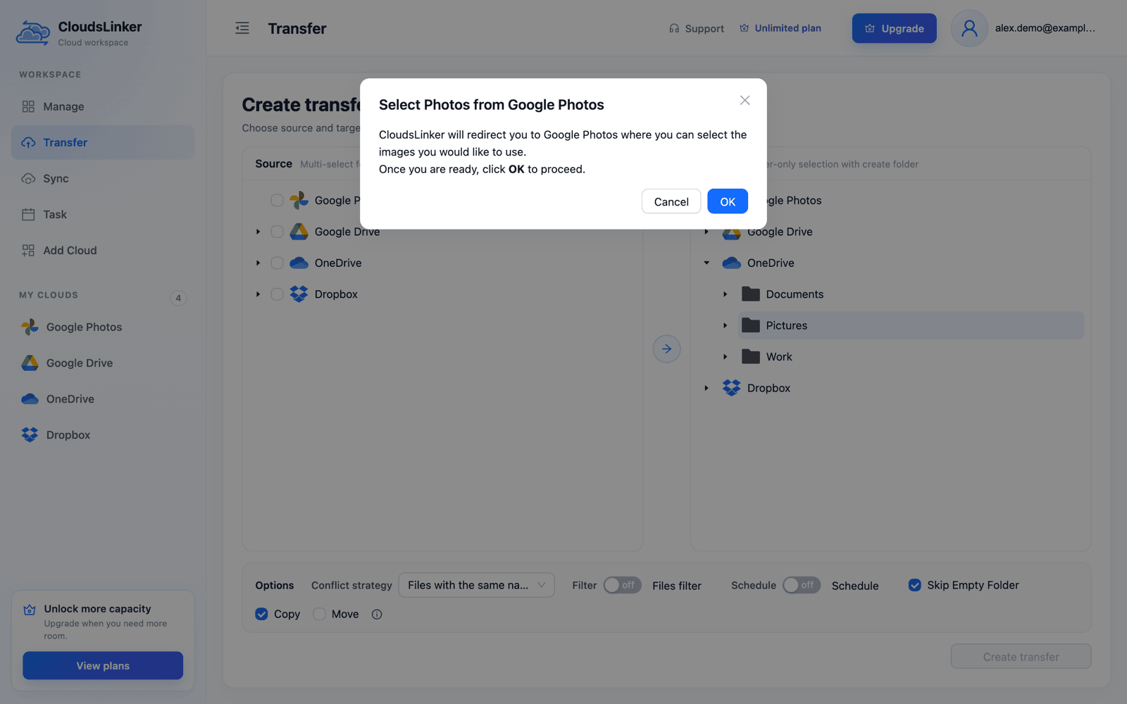 CloudsLinker Create transfer task page with New Google Photos ticked as the source and the Select Photos from Google Photos dialog asking to continue to Google Photos with OK