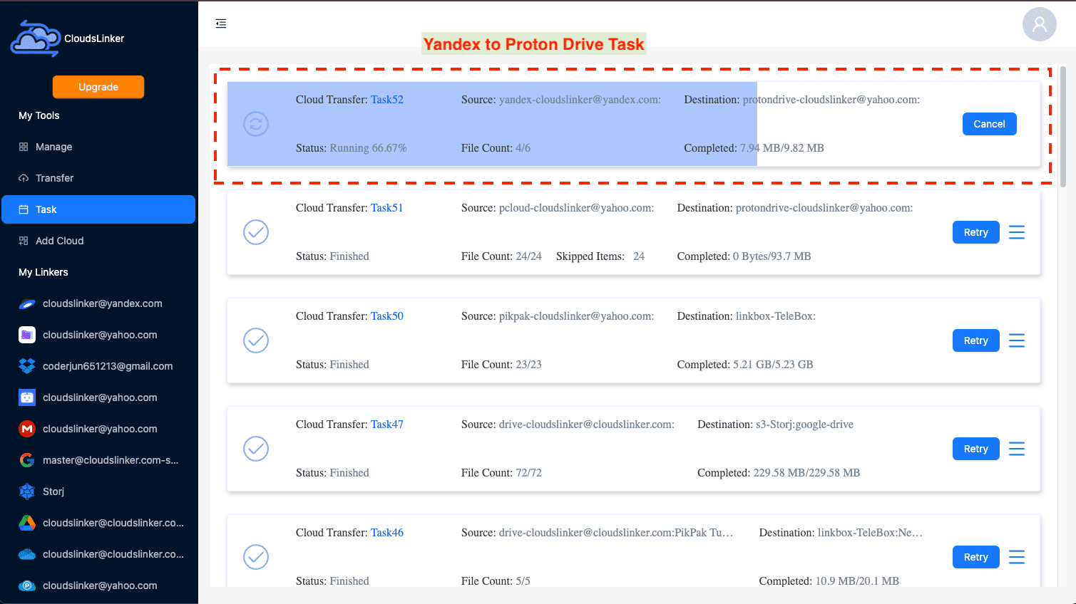 Monitoring transfer tasks in CloudsLinker for Yandex Disk to Proton Drive