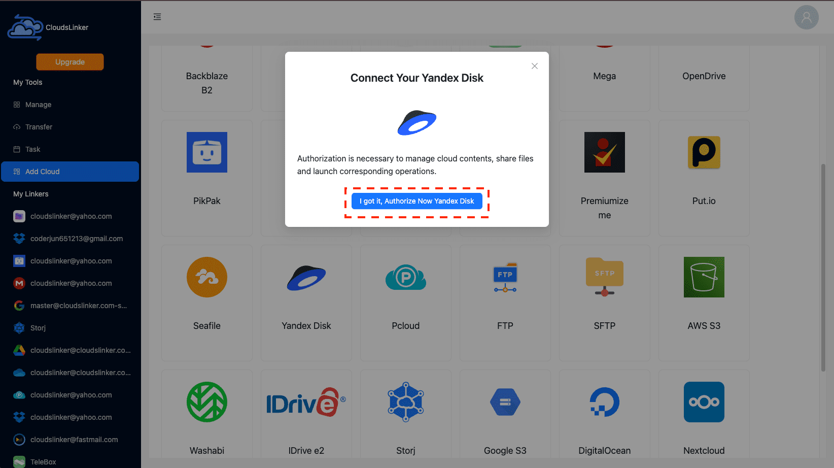 Configuring Yandex Disk on CloudsLinker