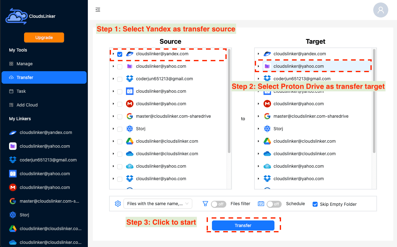 Setting up transfer in CloudsLinker from Yandex Disk to Proton Drive