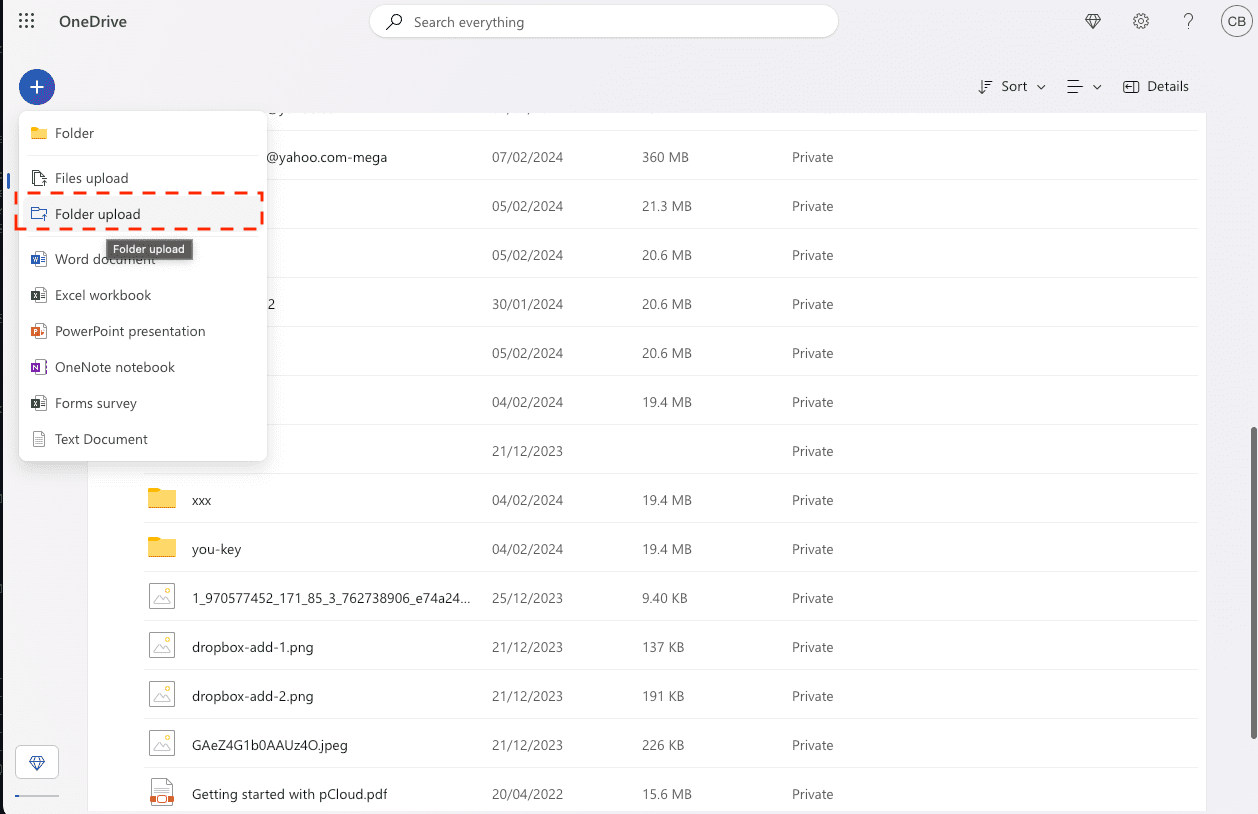 Visual guide on uploading files to OneDrive