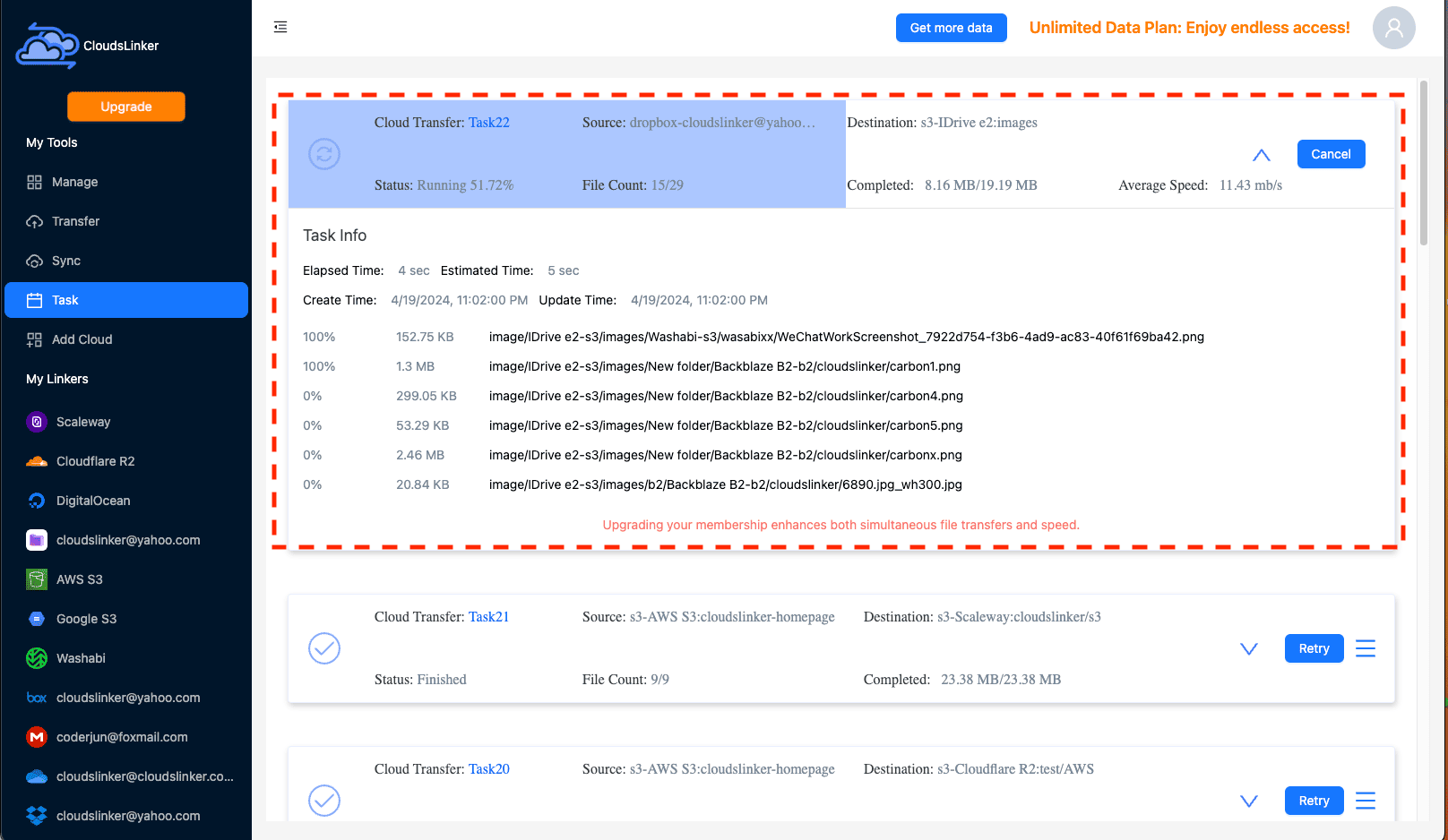 Monitoring transfer tasks in CloudsLinker