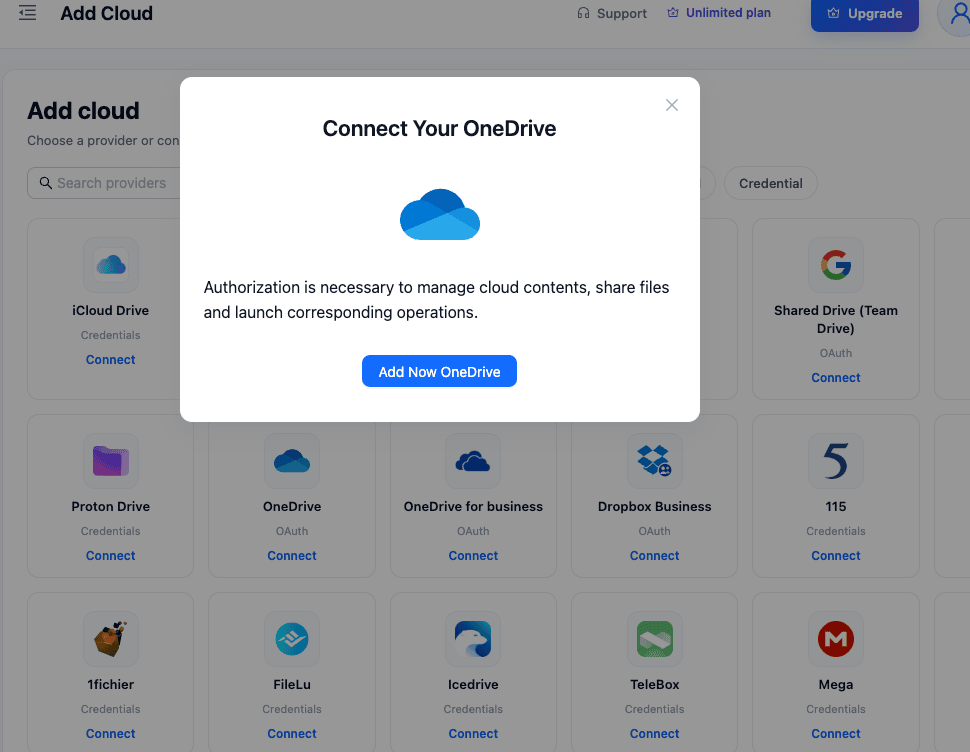 CloudsLinker dialog for connecting OneDrive through Microsoft sign-in