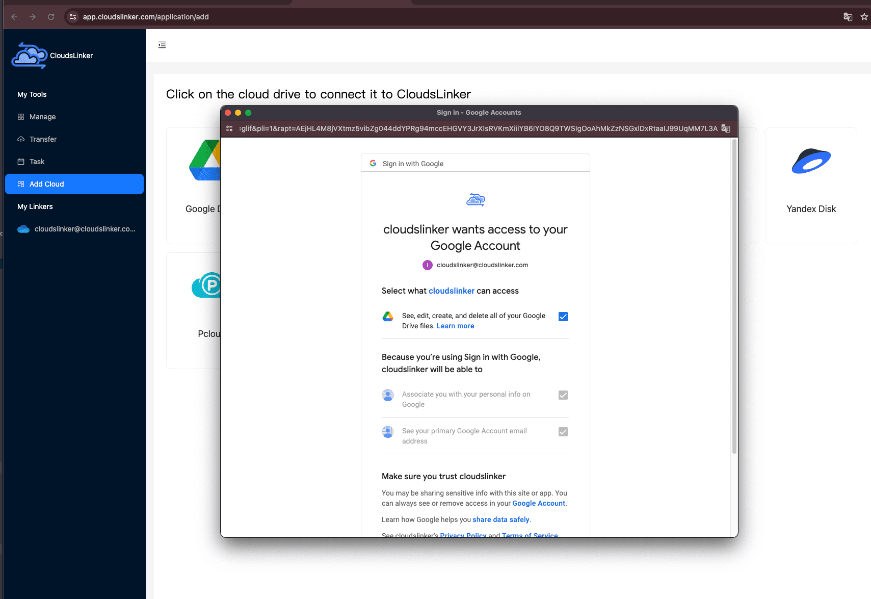 Setting up Google Drive on Cloudslinker