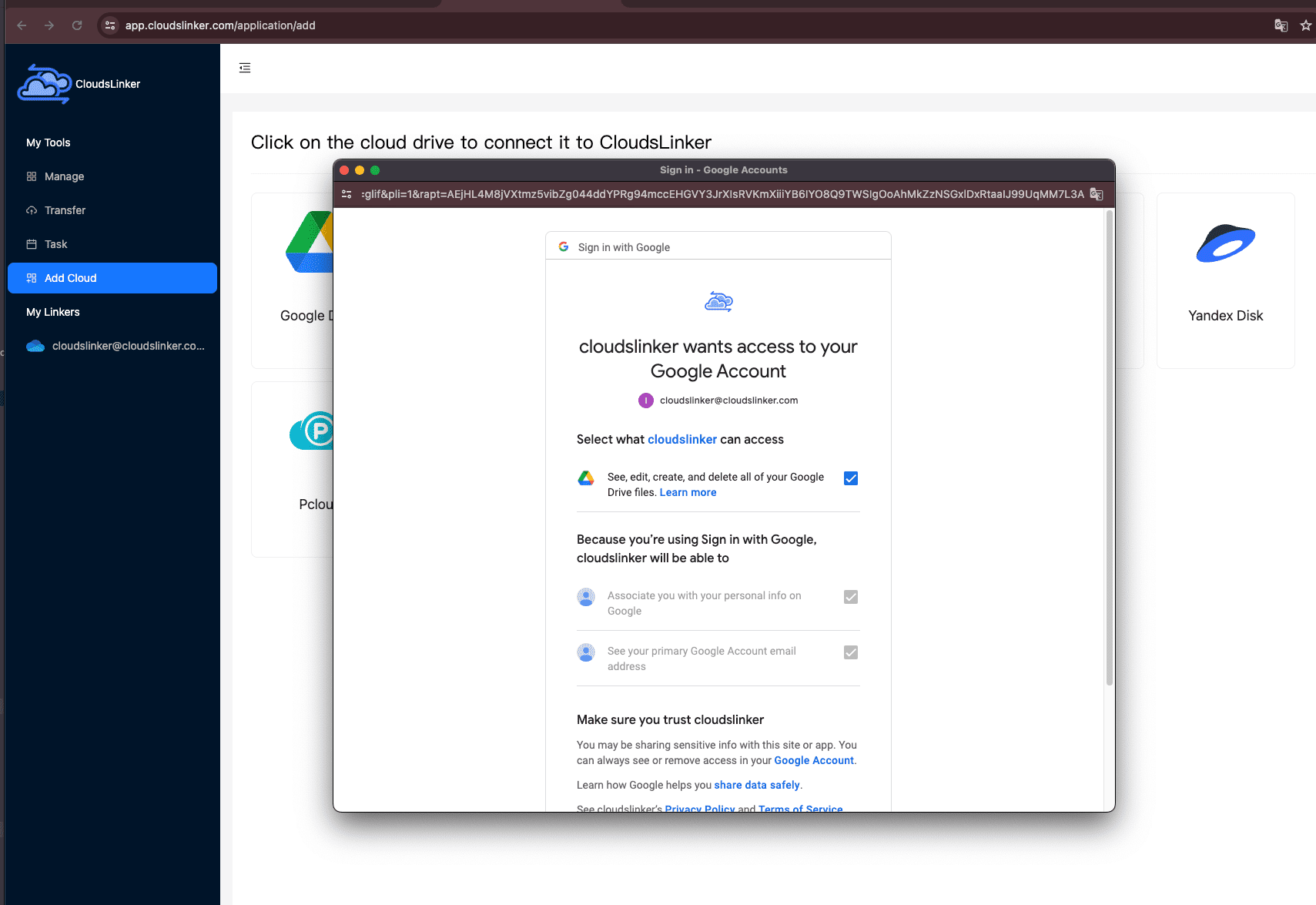 Adding Google Drive to CloudsLinker