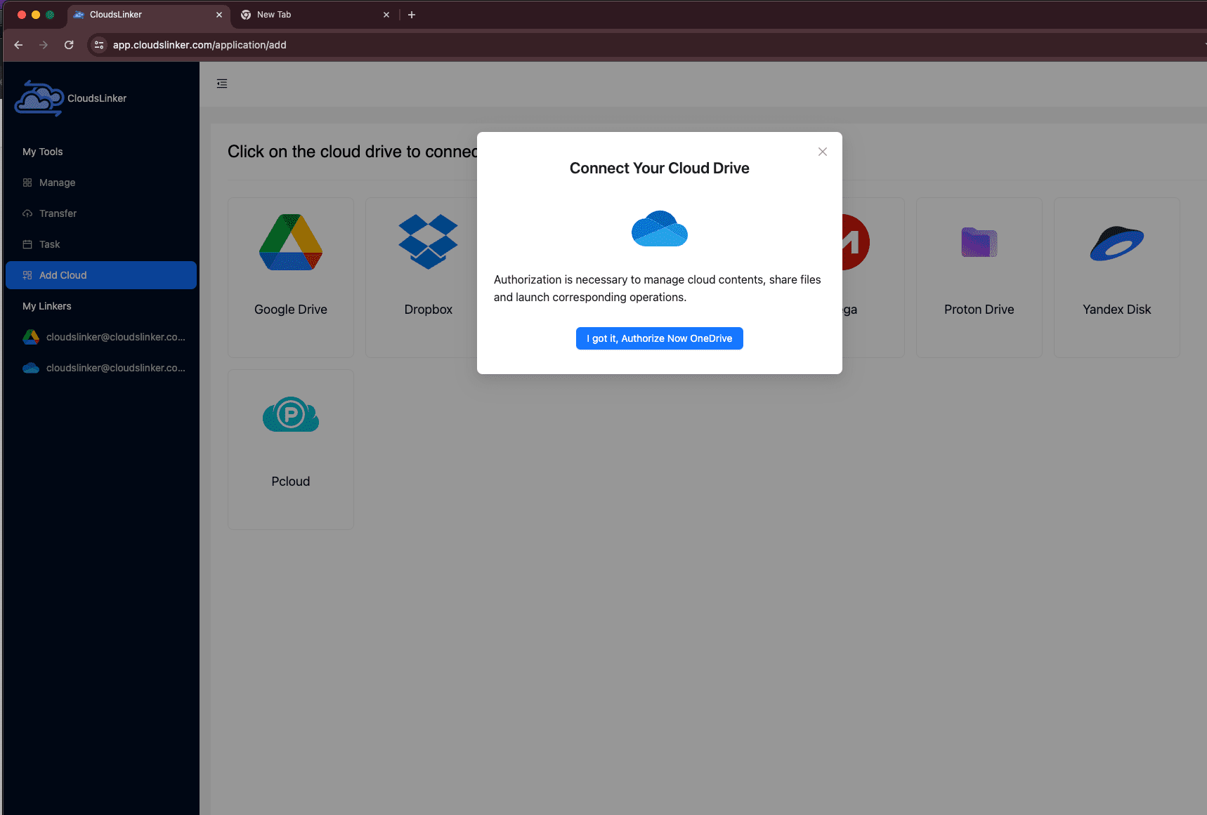 Adding OneDrive to CloudsLinker