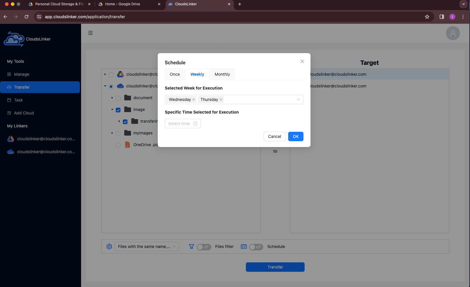 Scheduling and filtering options in CloudsLinker.