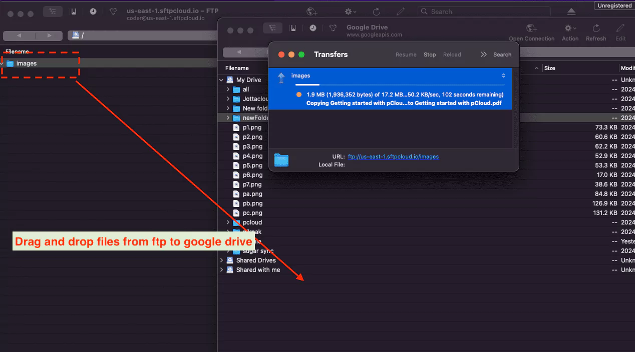 Drag the file from Ftp to Google Drive