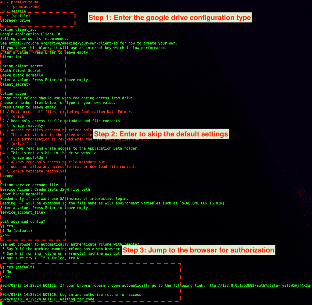 rclone configuration for Google Drive