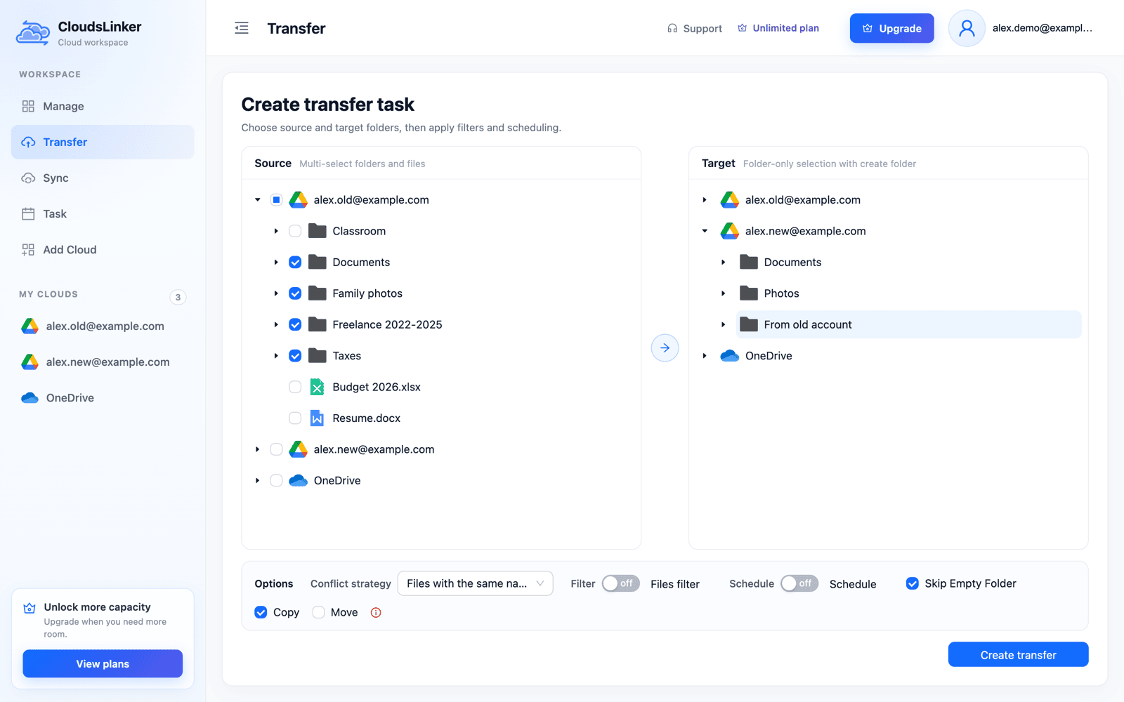 CloudsLinker Create transfer task page with two Google Drive accounts: alex.old@example.com as the source with Documents, Family photos, Freelance 2022-2025 and Taxes ticked, and a new From old account folder in alex.new@example.com selected as the target, with Copy checked