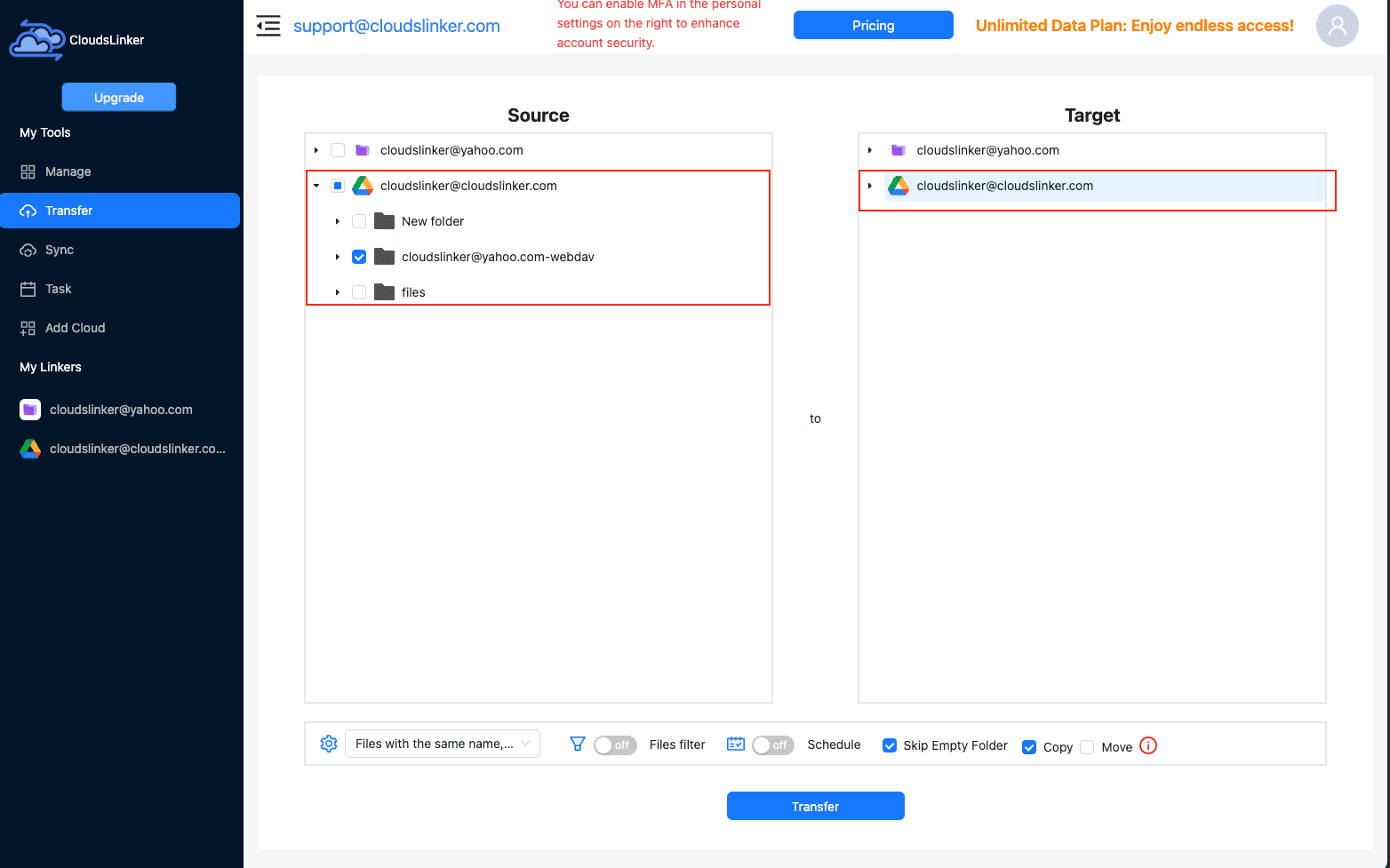 Transfer Configuration in CloudsLinker