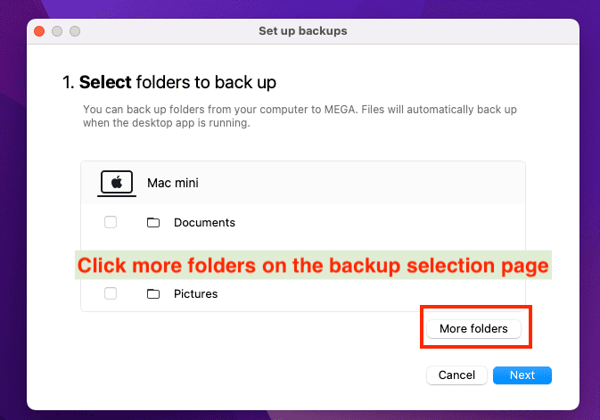 Selecting backup source in MEGA