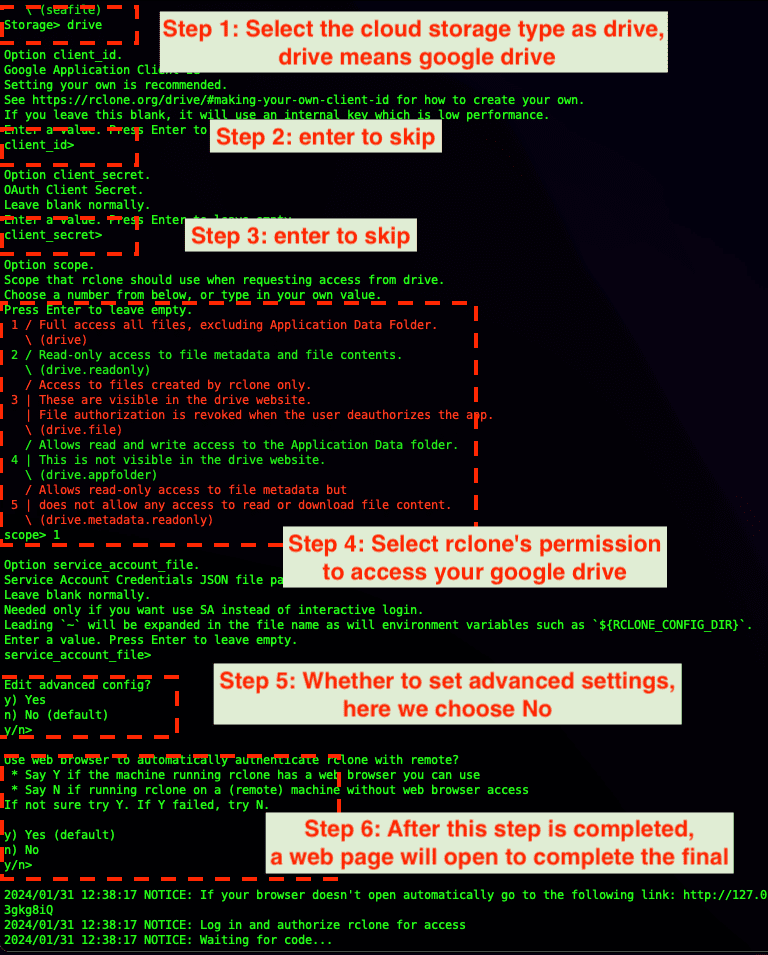 Step-by-step guide on configuring Google Drive with Rclone for cloud file transfer.