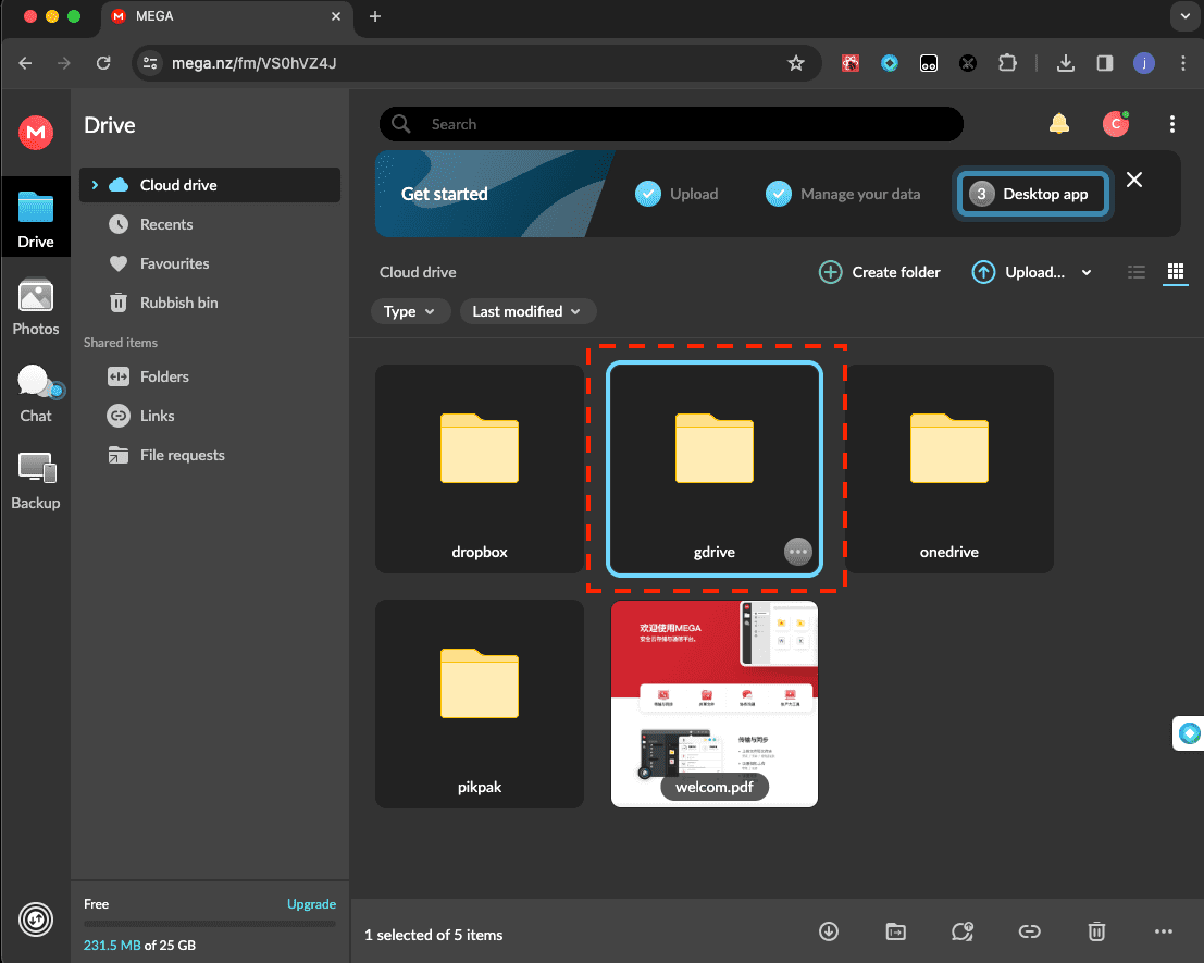Confirmation screen in Cloudslinker indicating successful backup completion from Google Drive to MEGA.