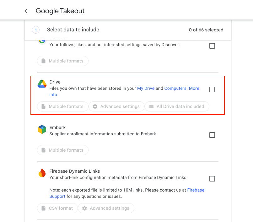 Selecting Google Drive in Takeout