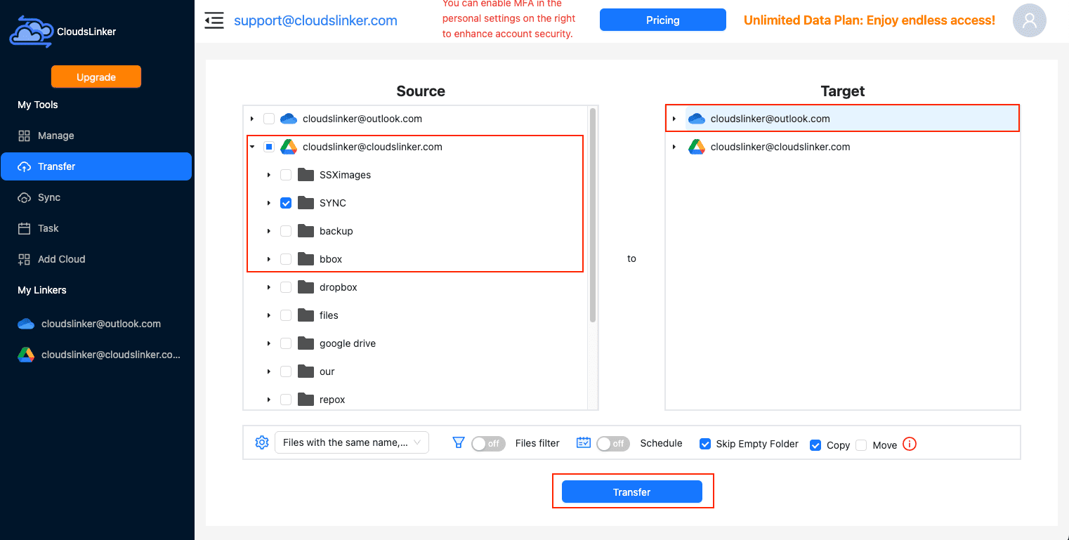 Transfer Configuration in CloudsLinker