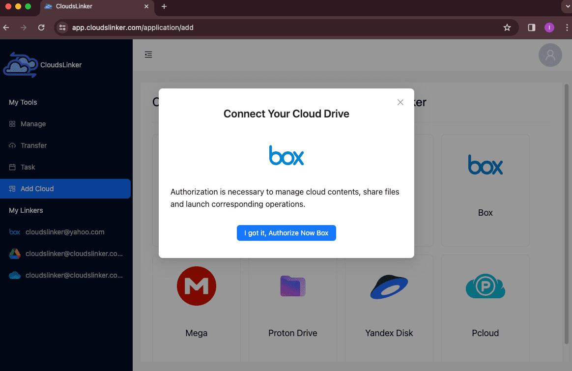 Authorizing CloudsLinker for Box to OneDrive migration.
