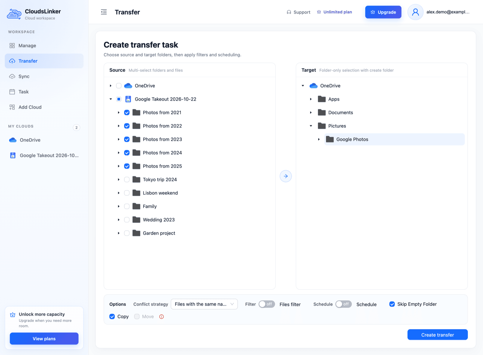 CloudsLinker Create transfer task page with a Google Takeout as the source and its Photos from 2021 to 2025 folders ticked, and a new Google Photos folder under Pictures in the same OneDrive selected as the target, with Copy checked