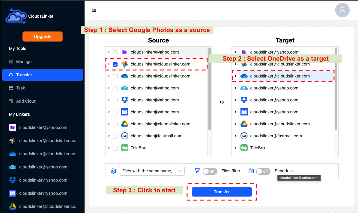 Configuring Transfer from Google Photos to OneDrive