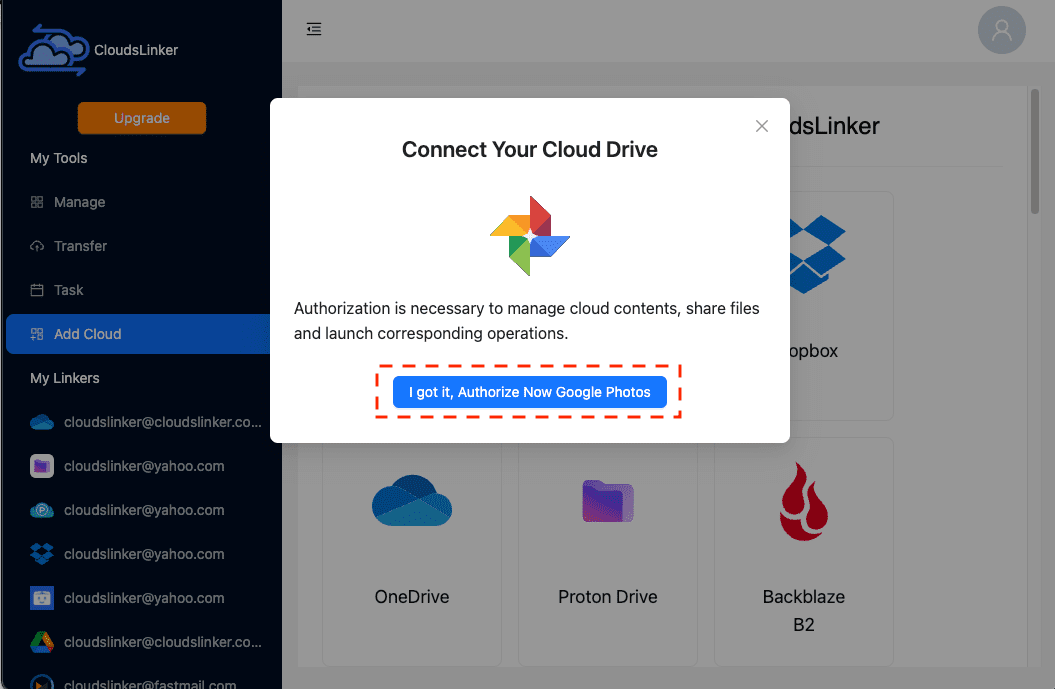 Authorizing Google Photos in CloudsLinker