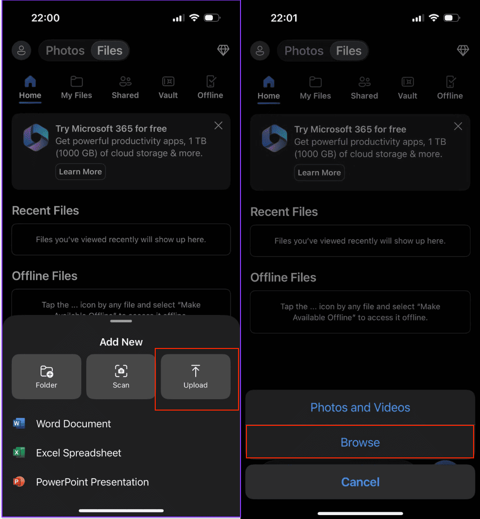 open onedrive upload on iphone