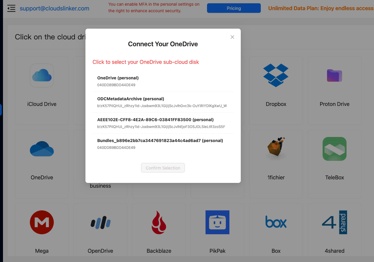 Select OneDrive Cloud in Cloudslinker