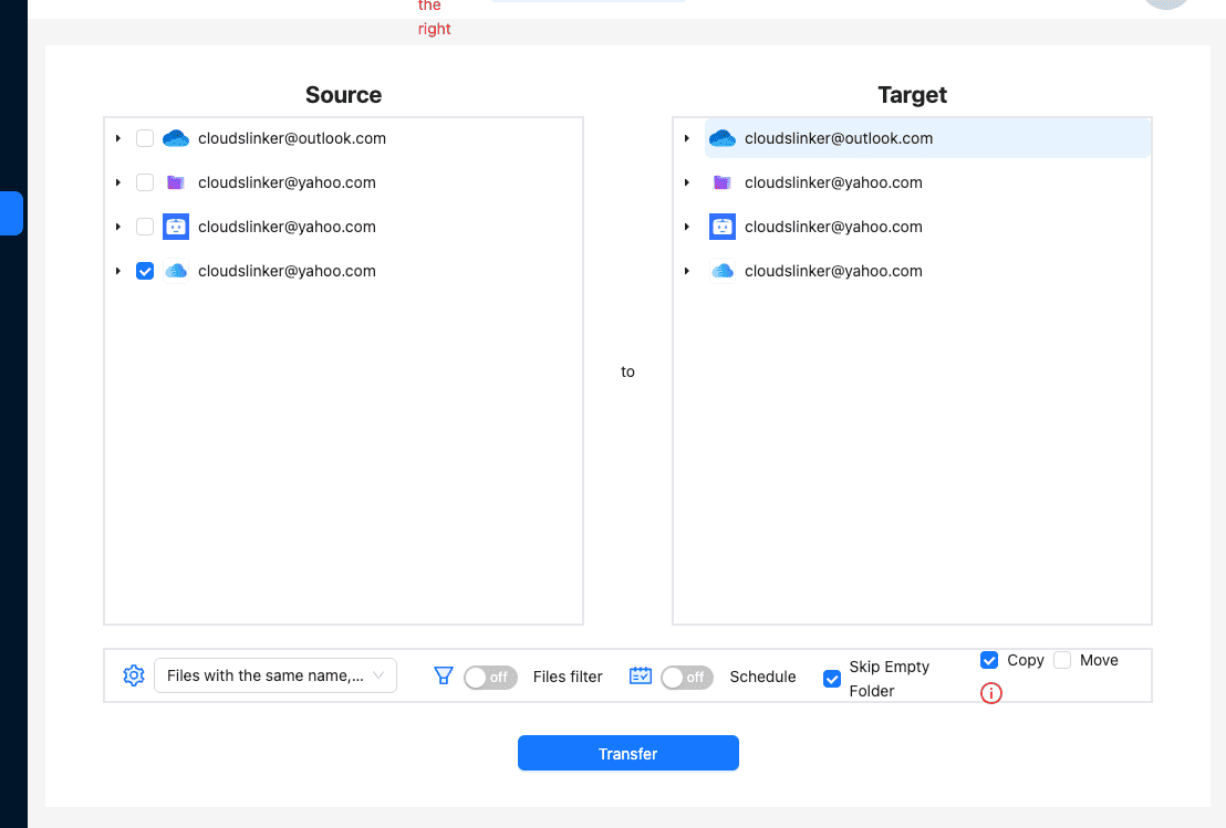 Cloudslinker iCloud to OneDrive transfer UI