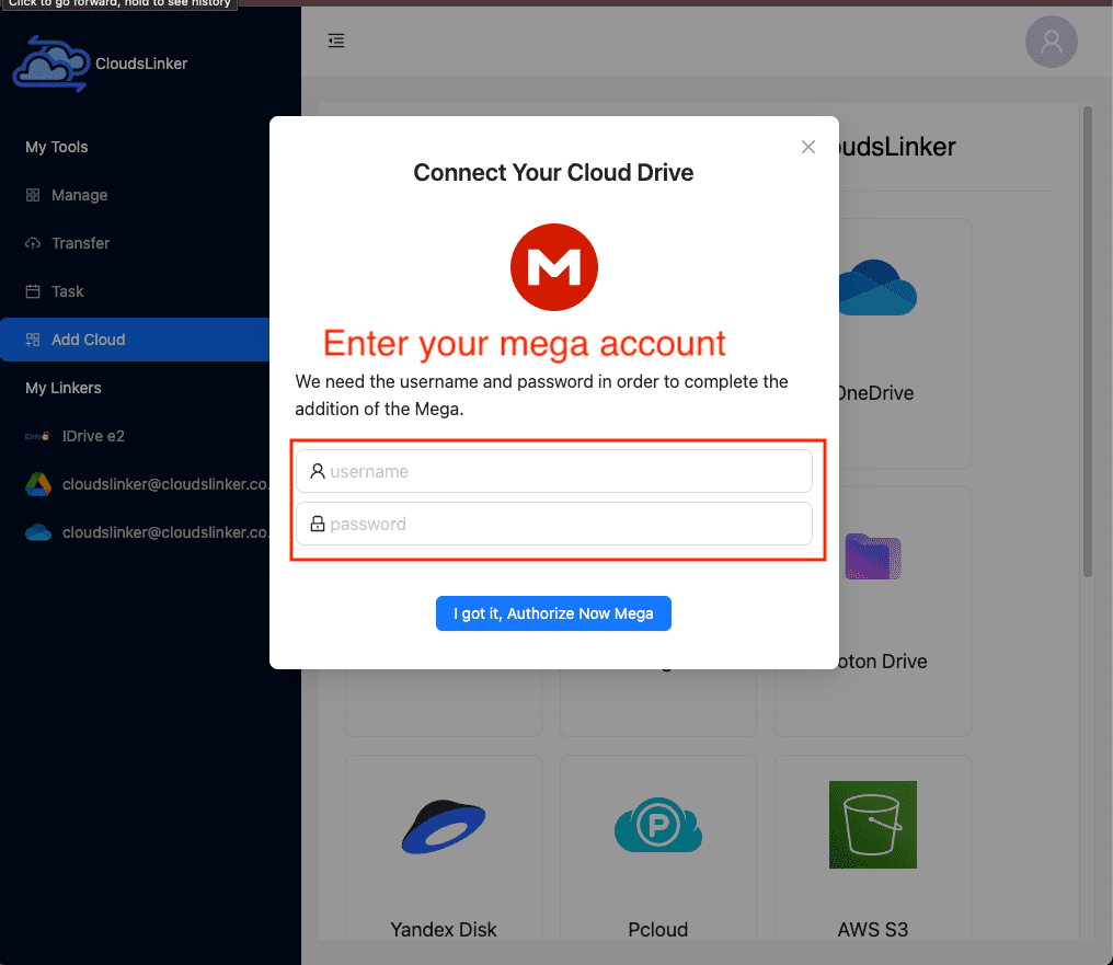 add mega on cloudslinker