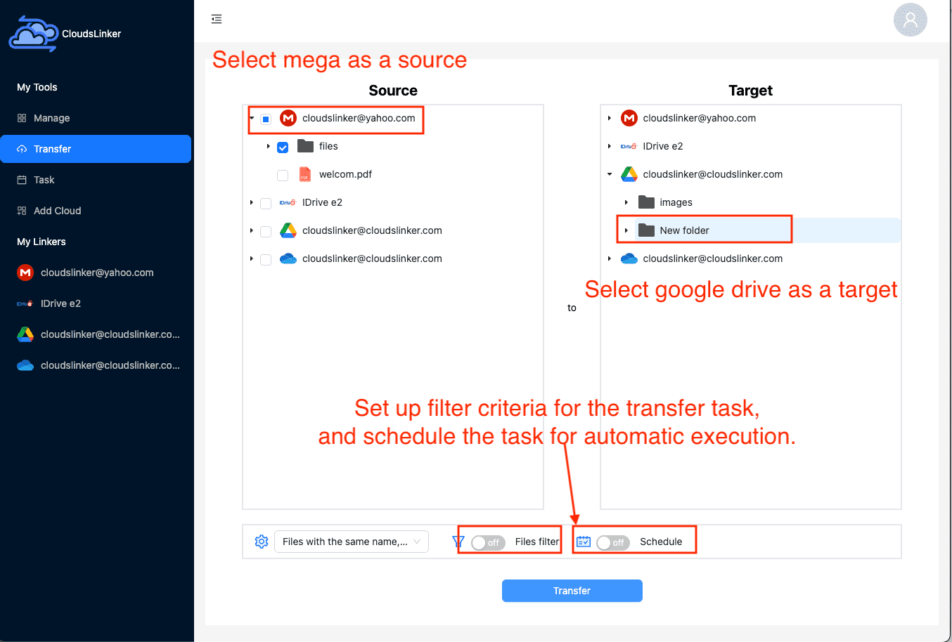 configure transfer in cloudslinker