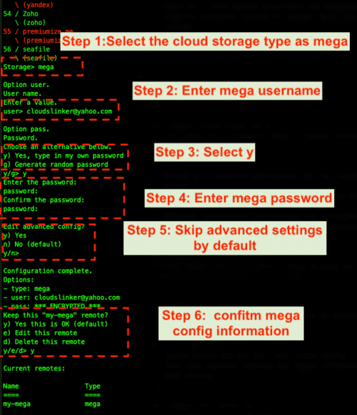 rclone configuration for Mega 