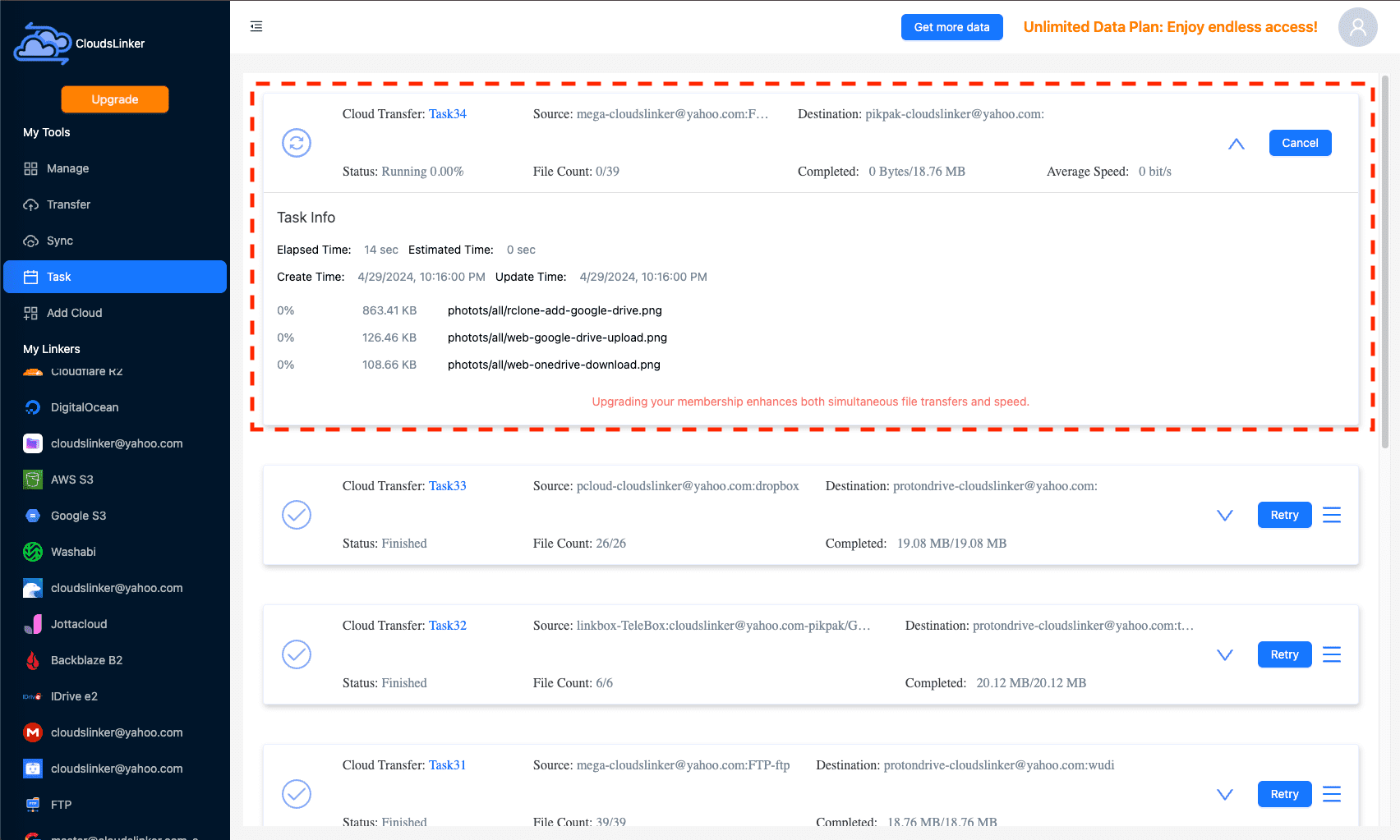 Monitoring the transfer progress in Cloudslinker