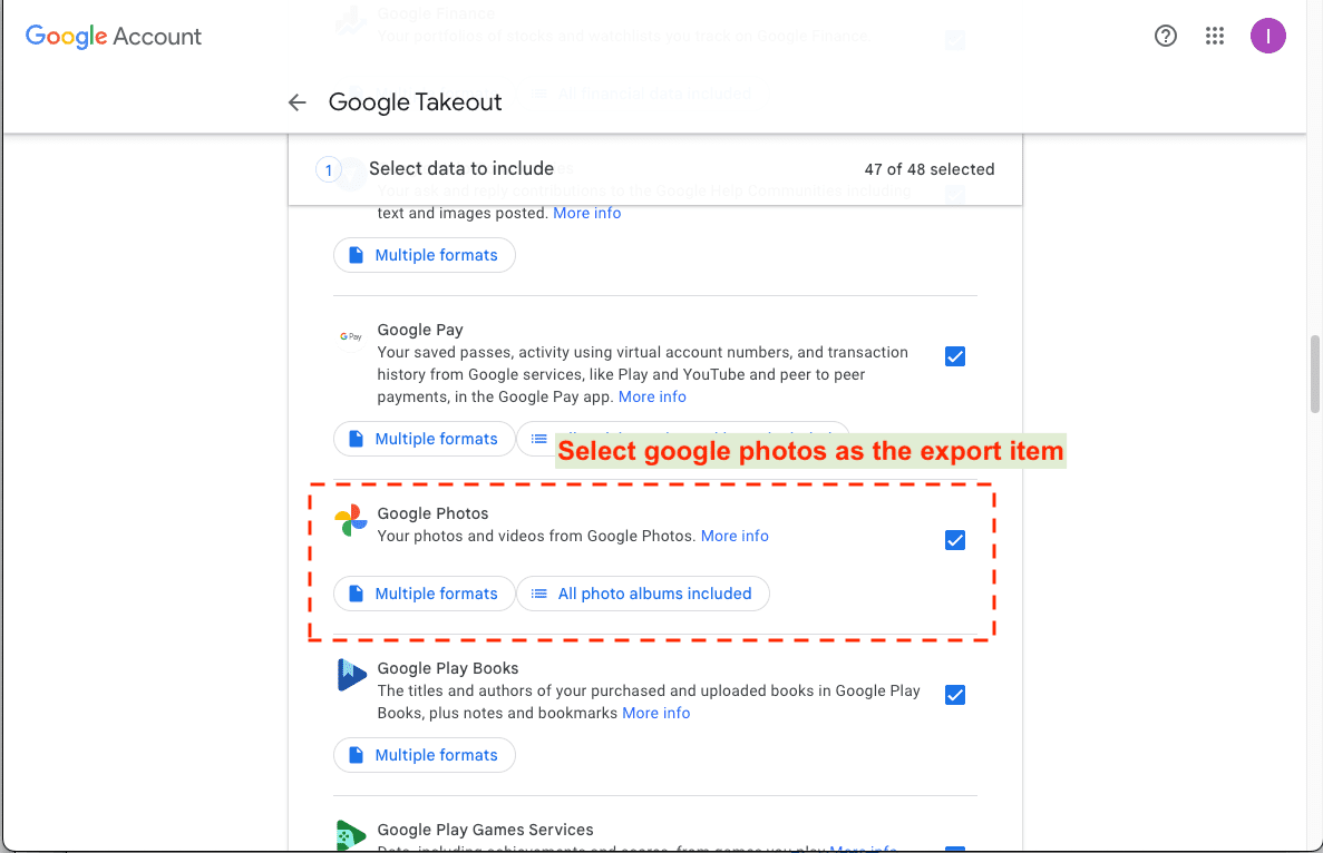 Google Take out select google photos