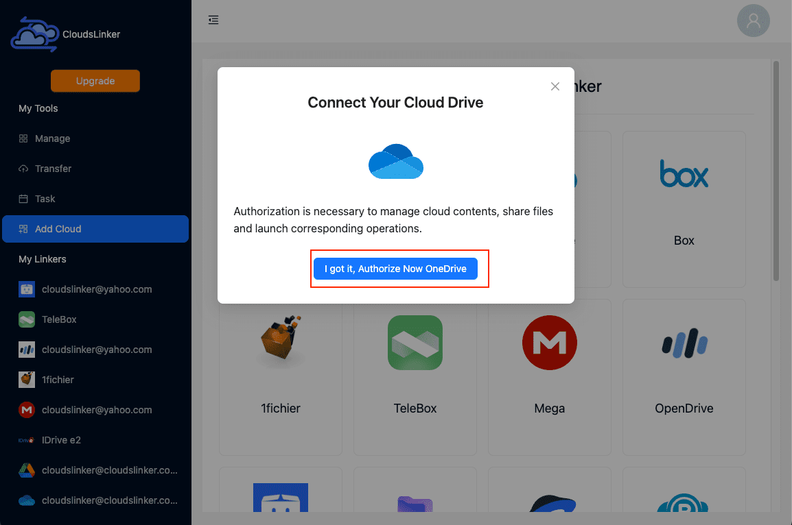 Linking OneDrive in CloudsLinker