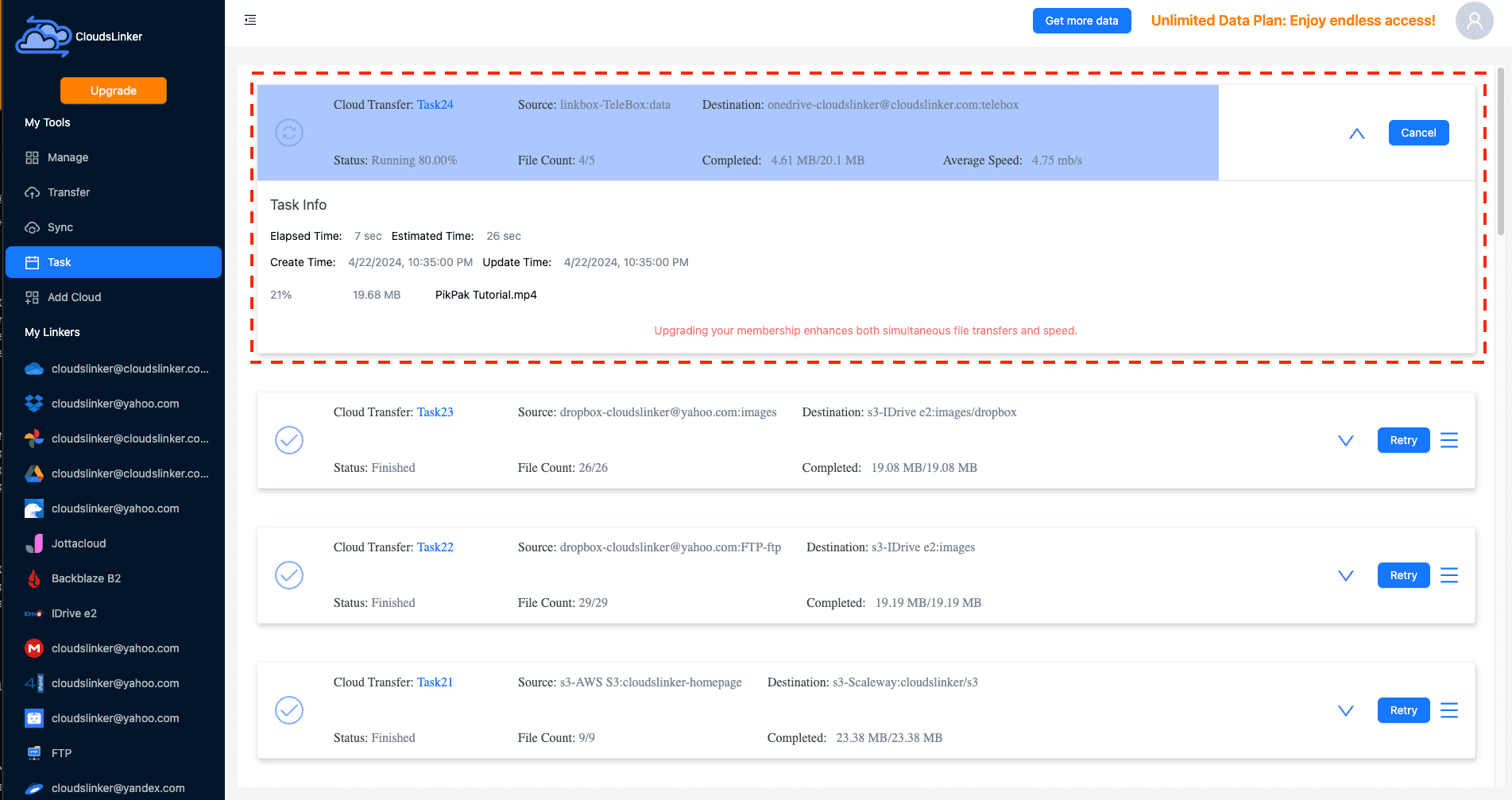 Monitoring transfer tasks in Cloudslinker
