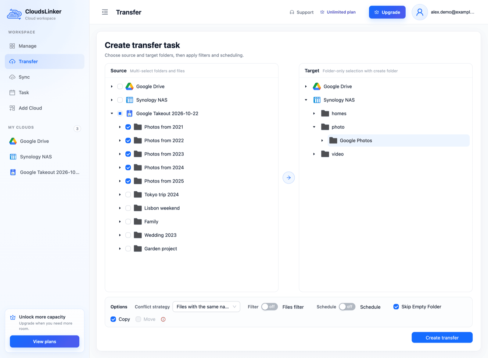 CloudsLinker Create transfer task page with a Google Takeout as the source and its Photos from 2021 to 2025 folders ticked, and a new Google Photos folder inside the photo share of a Synology NAS selected as the target, with Copy checked